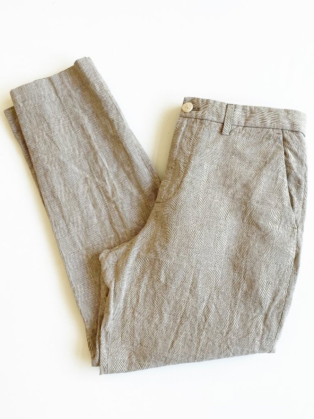 Zara Mens M 31x27 Relaxed Fit Linen Cotton Crop Pants Beige Glen Plaid